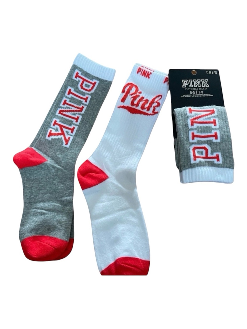 Victoria's Secret PINK Crew Socks in Gray, White socks. 2 pairs pack